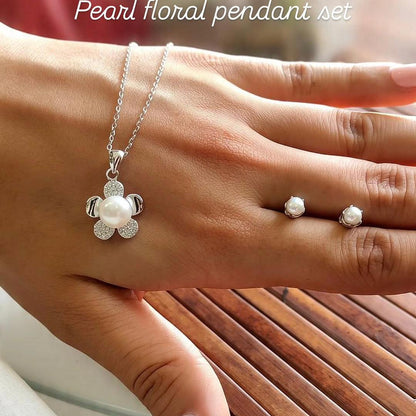 Pearl & CZ Floral Pendant Set – Pure 925 Silver