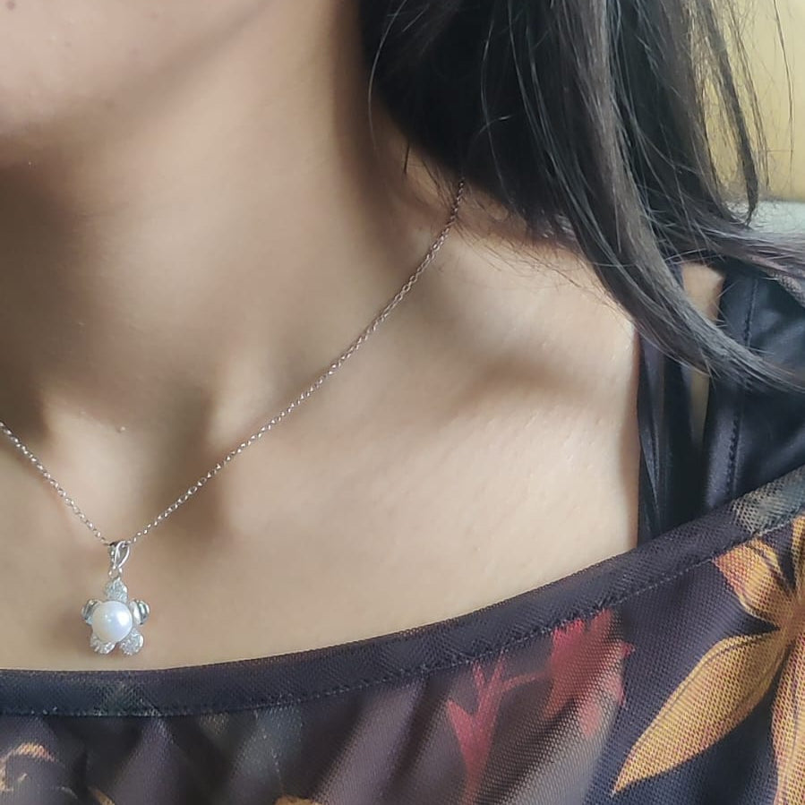 Pearl & CZ Floral Pendant Set – Pure 925 Silver
