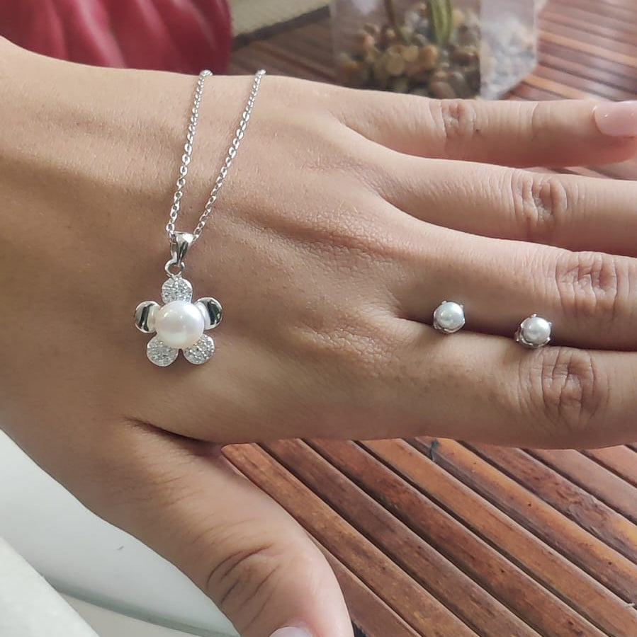 Pearl & CZ Floral Pendant Set – Pure 925 Silver