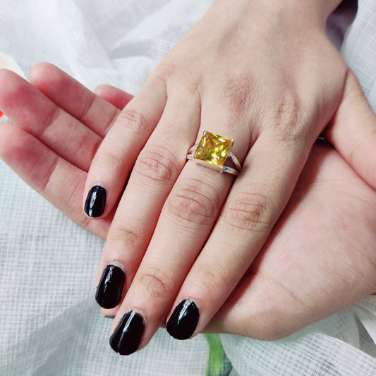 Golden Glow – Square-Cut Citrine CZ Adjustable Silver Ring