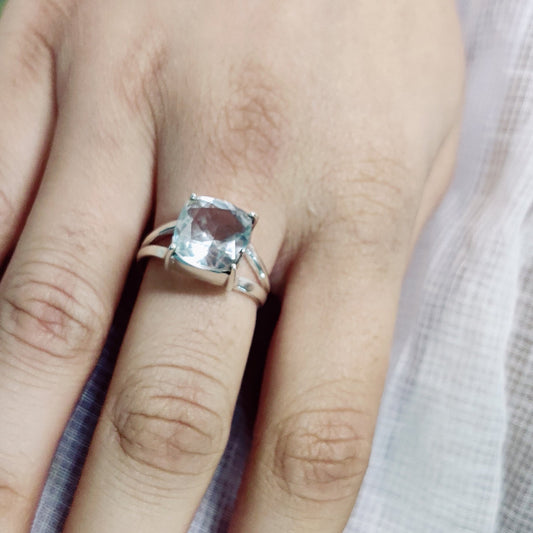 Luna Clarity – Square-Cut Natural Crystal Adjustable Silver Ring