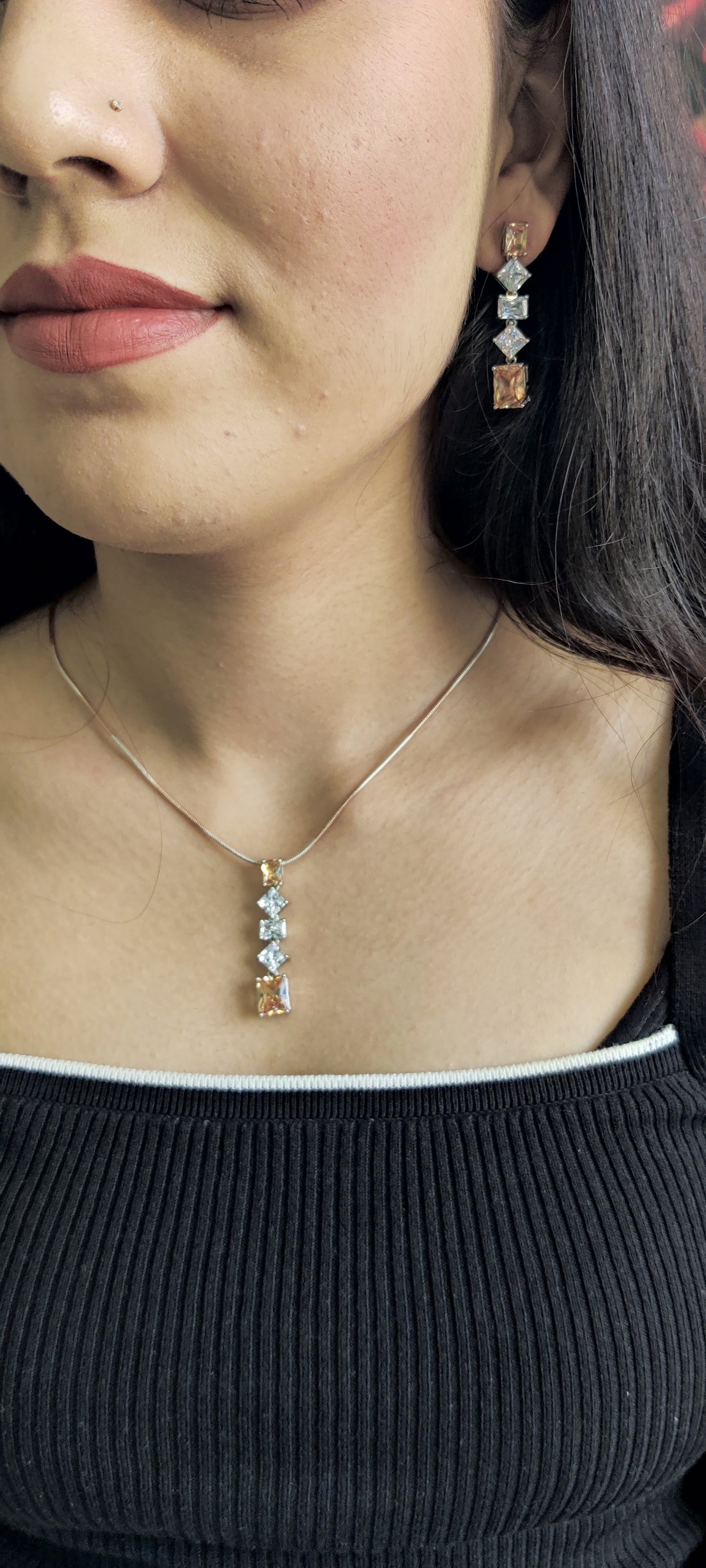 Citrine & CZ Stone Designer Pendant Set in Pure Silver
