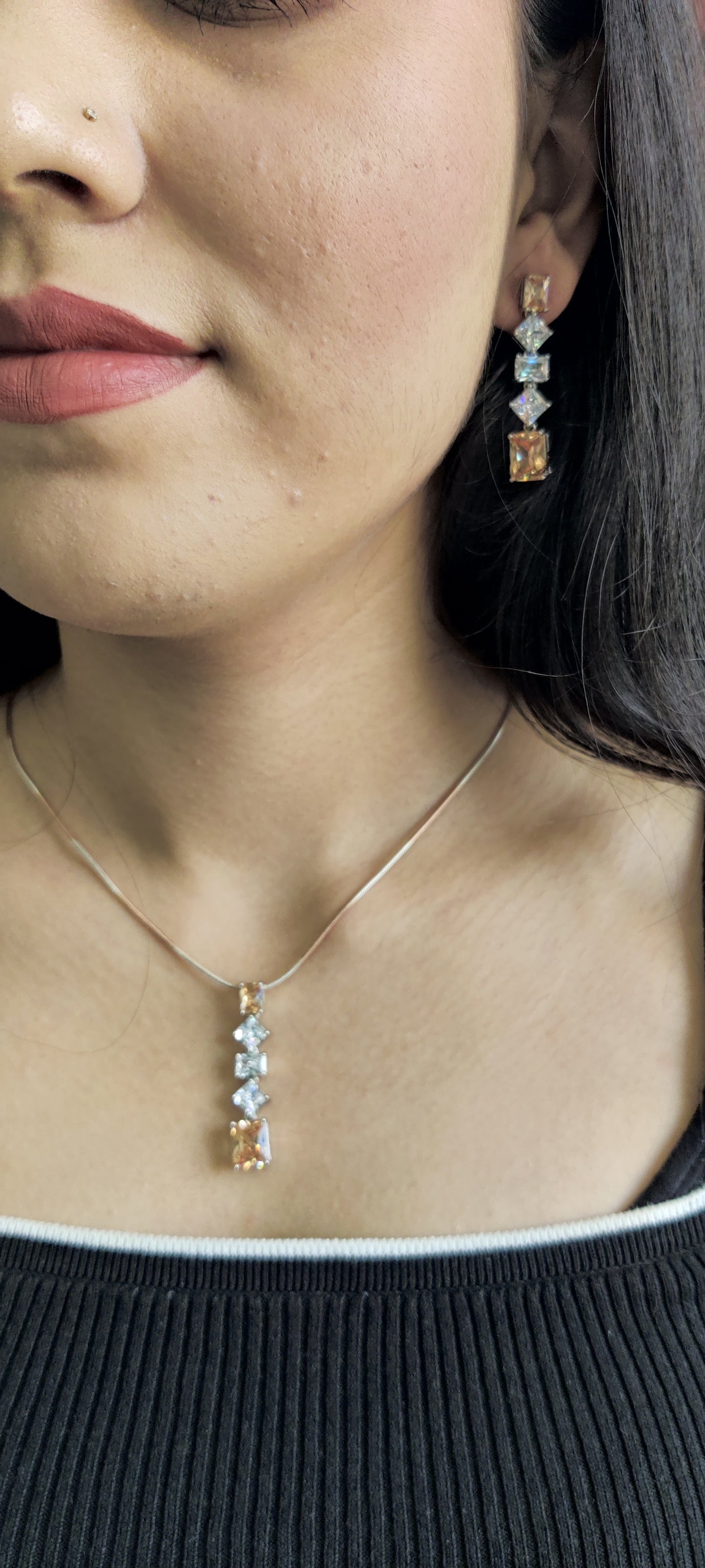 Citrine & CZ Stone Designer Pendant Set in Pure Silver