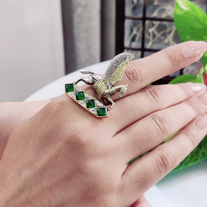 Ashva Kundan Fusion Ring in pure silver