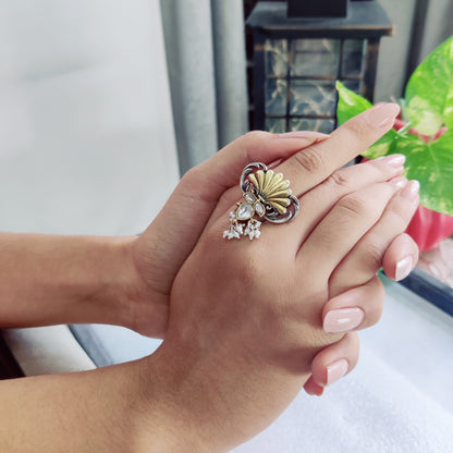 Gold and Silver-Plated Kundan Work Fusion Ring with elegant pearl drops