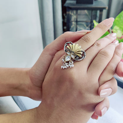 Gold and Silver-Plated Kundan Work Fusion Ring with elegant pearl drops