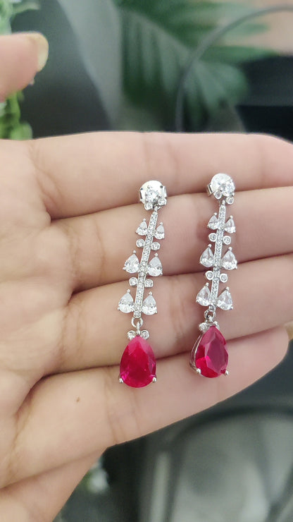 CZ White and Ruby Stone Danglers – Pure Silver, Rhodium Plated