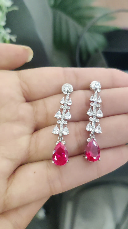 CZ White and Ruby Stone Danglers – Pure Silver, Rhodium Plated