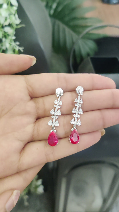 CZ White and Ruby Stone Danglers – Pure Silver, Rhodium Plated