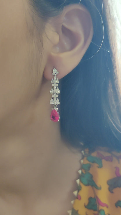 CZ White and Ruby Stone Danglers – Pure Silver, Rhodium Plated