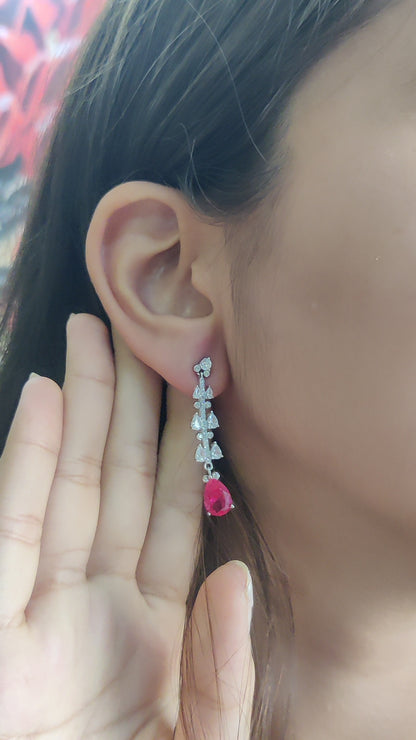 CZ White and Ruby Stone Danglers – Pure Silver, Rhodium Plated