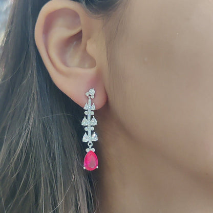 CZ White and Ruby Stone Danglers – Pure Silver, Rhodium Plated