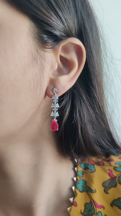 CZ White and Ruby Stone Danglers – Pure Silver, Rhodium Plated