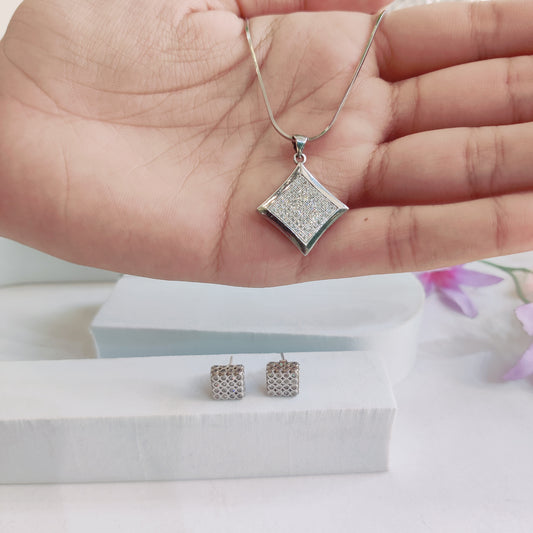 CZ Stone Diamond-Shaped Pendant with Earrings