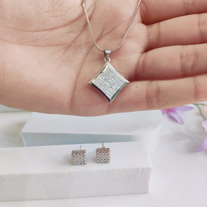 CZ Stone Diamond-Shaped Pendant with Earrings