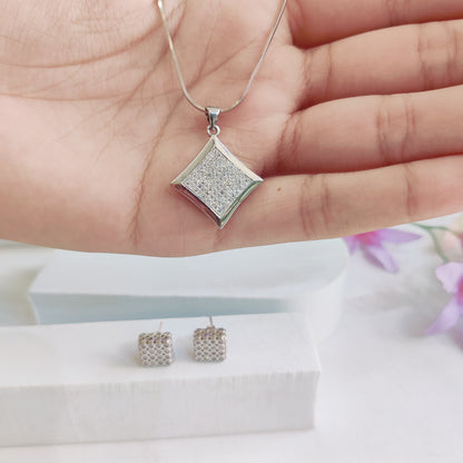 CZ Stone Diamond-Shaped Pendant with Earrings