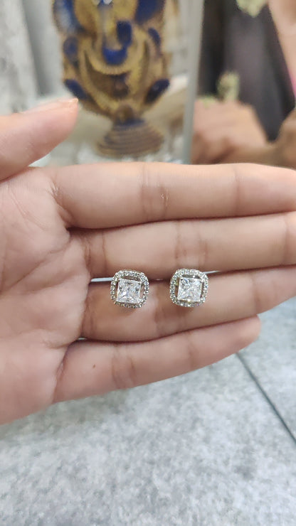 Celeste Square: CZ Diamond Halo Stud Earrings