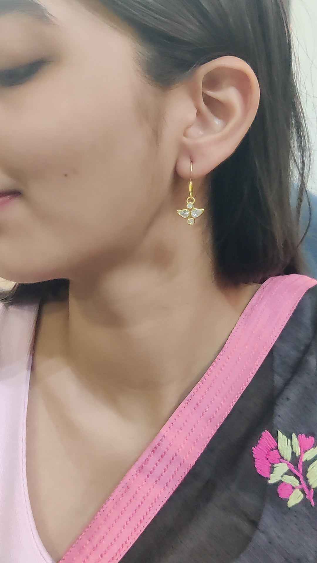 Moissanite Polki Leaf Motif Fish Hook Earrings