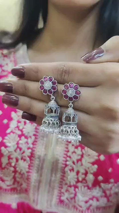 Handcrafted Floral Ruby Jhumkas in 925 Sterling Silver