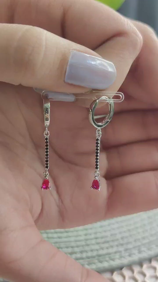 Black Stone & Ruby Studded Bali Earrings - Pure silver